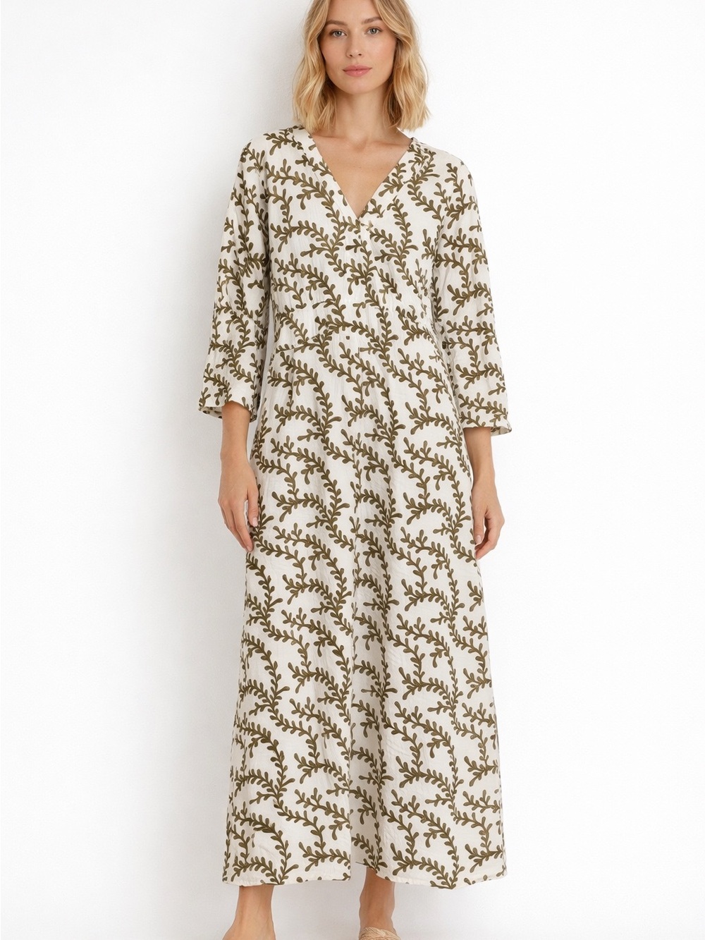 Roberta Freymann White Maxi Dress with Olive Botanical Print - V-Neck